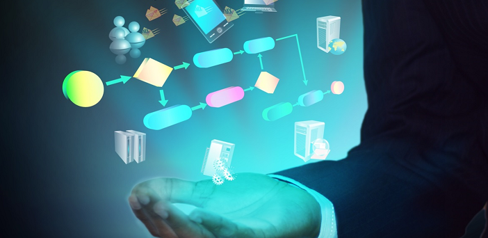 Visual concept of Business Process Automation (BPA) and hyperautomation showing a digital hand with holographic icons, representing financial institutions embracing automation, digital transformation, and operational excellence.